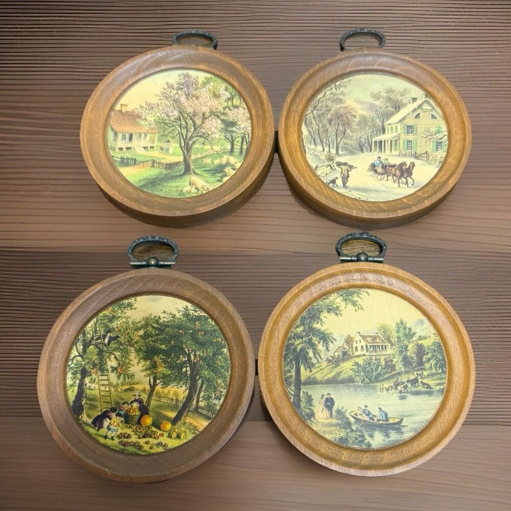 VTG Currier & Ives Wooden Wall Plaque Set of 4 American Homestead Seasons Lot